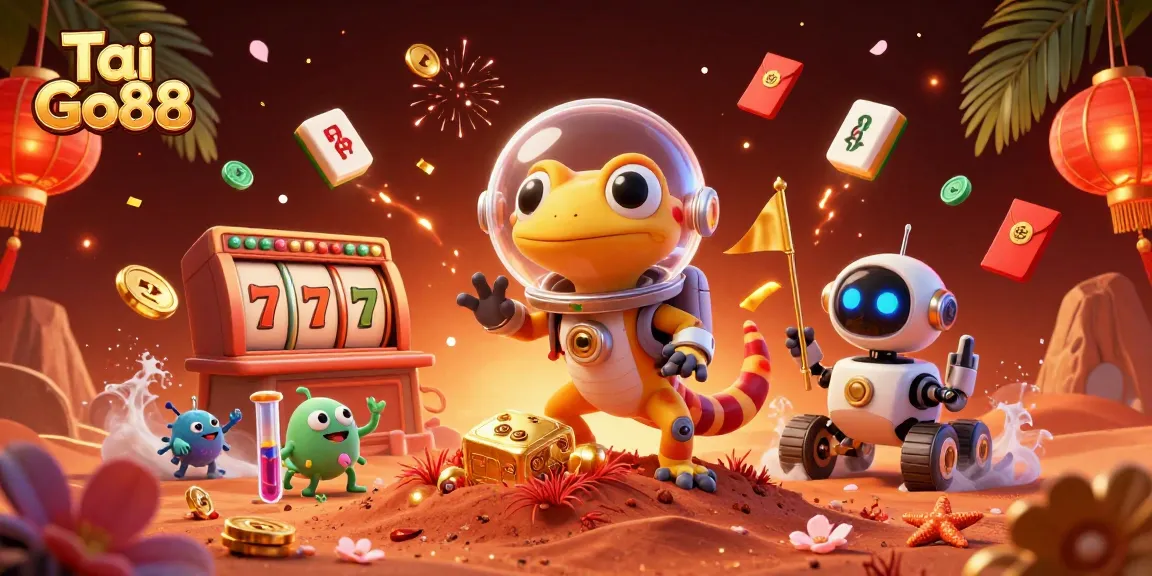 Engage in thrilling gameplay at Tai Go88, where a Martian gecko explores a golden casino, celebrating vibrant gaming elements.