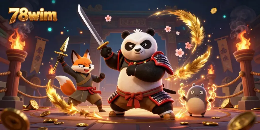 Experience the excitement of 78wim in this dynamic, vibrant casino-themed digital illustration featuring samurai, ninja, and magical elements.