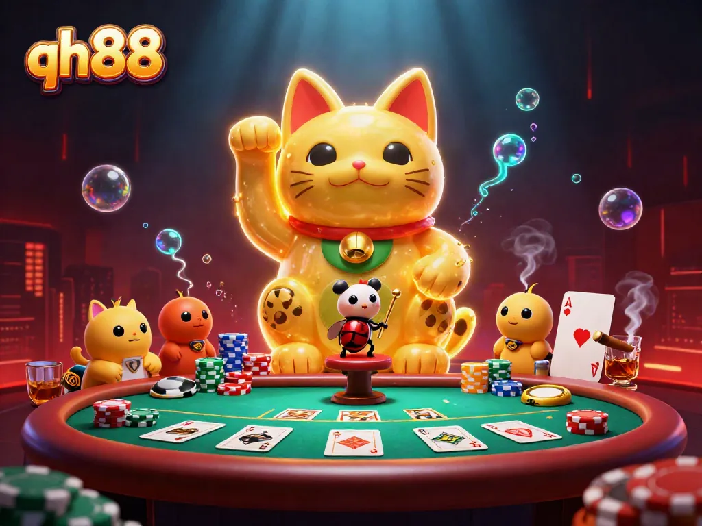 Experience QH88's casino magic with a dynamic lucky cat and vibrant casino elements.