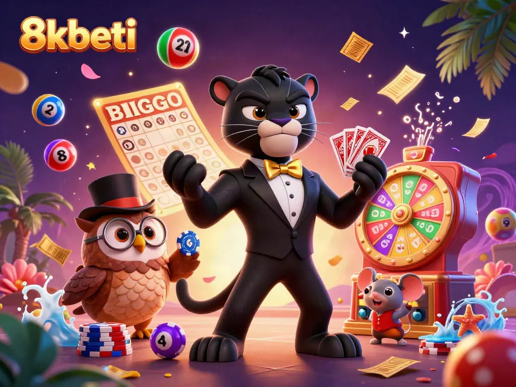 8xbeti engages players with an elegant scene featuring a stylish panther, an owl, and a lucky mouse in a vibrant casino atmosphere.
