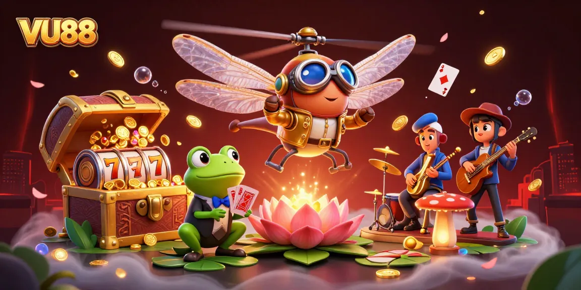 Experience the excitement of VU88 with a vibrant casino scene featuring a dragonfly pilot and a frog croupier.