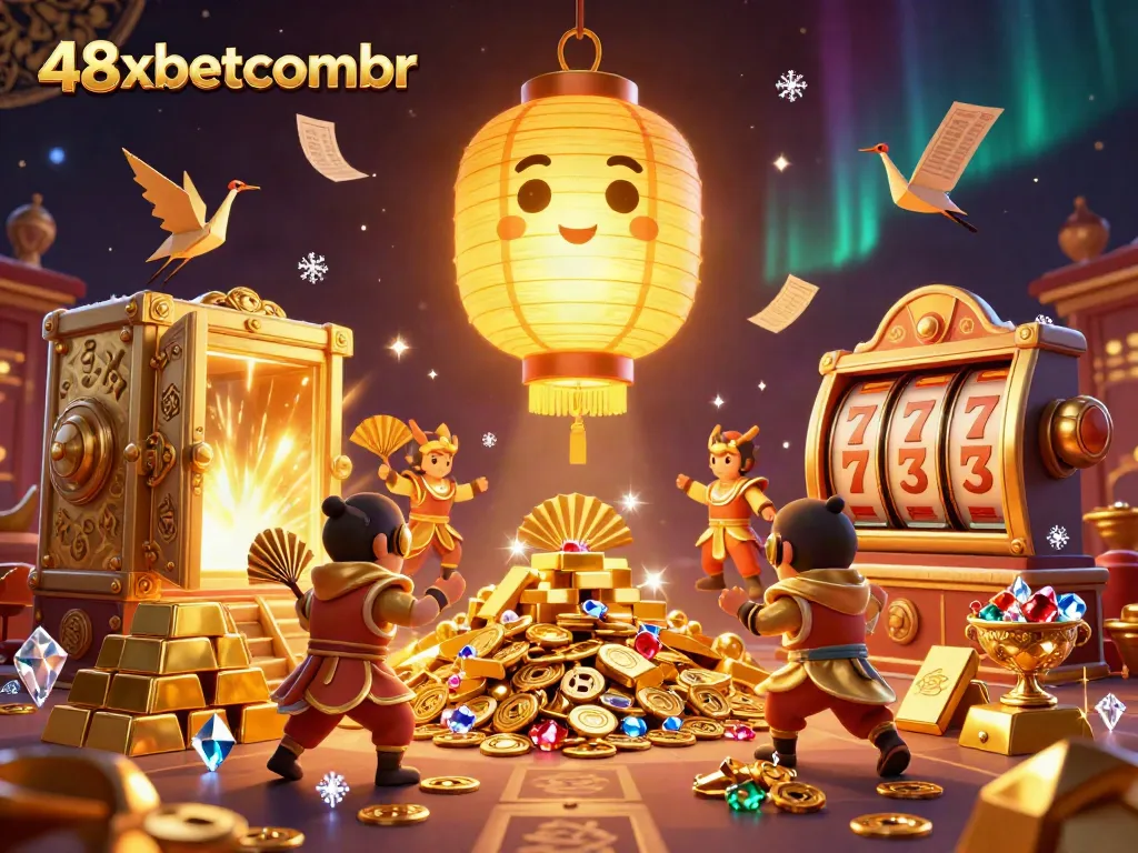 Experience the thrill at 48xbetcombr with golden treasures and lucky symbols in a vibrant casino scene.