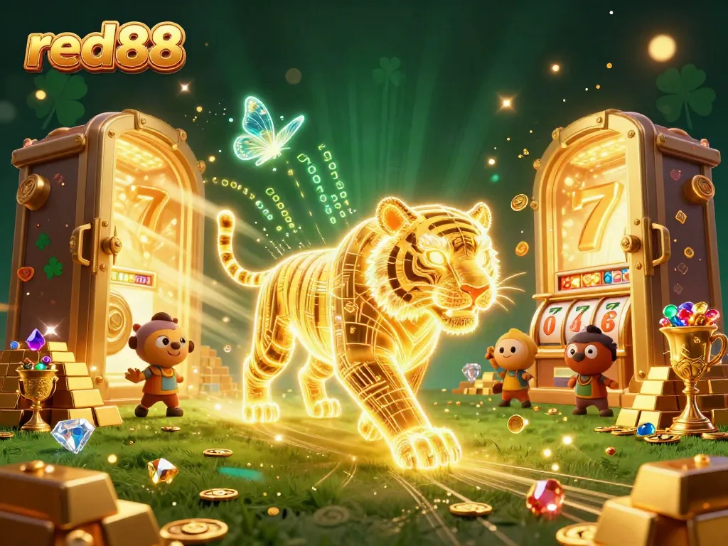 Experience the vibrant world of red88 casino with a 3D golden tiger amidst slot reels and wealth.