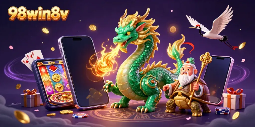 Engage with the vibrant gaming world of 98win8v featuring a dragon, turtle sage, and lucky cranes.