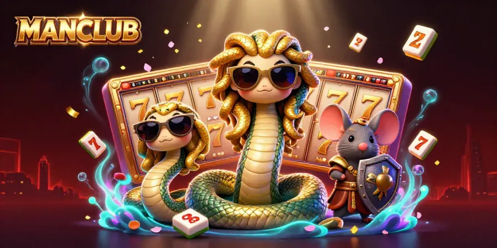 Spin for great fortune with MANCLUB in an engaging online casino scene featuring Medusa and a warrior mouse.