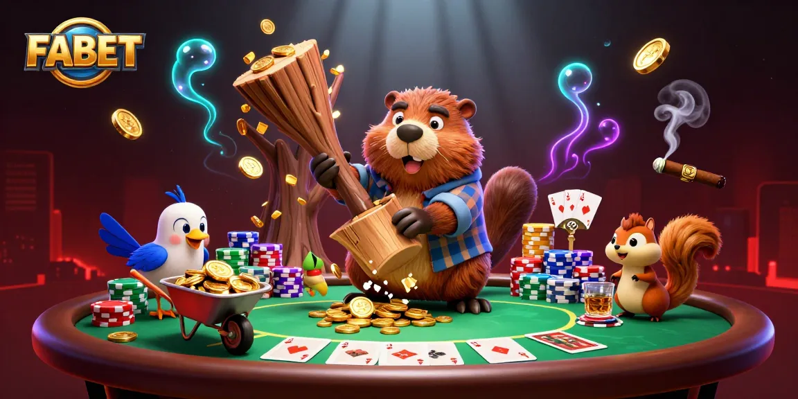 FABET showcases a 3D beaver and friends collecting golden coins on a lively poker scene.