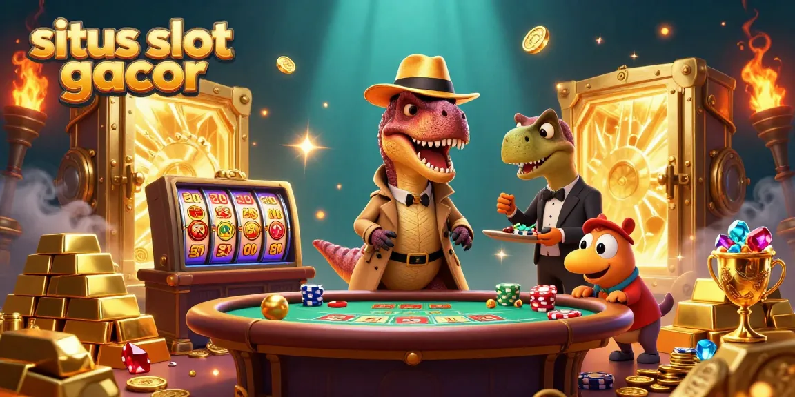 Play at situs slot gacor with lively velociraptor card counter and golden treasures in a dynamic casino scene.