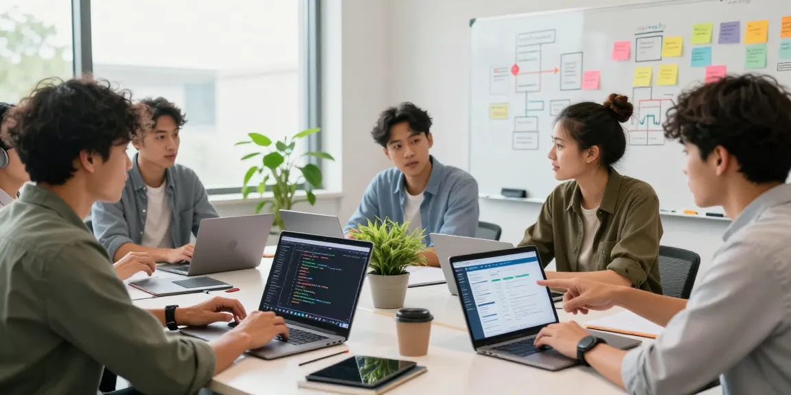Build internal tools with AI in a collaborative tech workspace with professionals brainstorming and engaging.