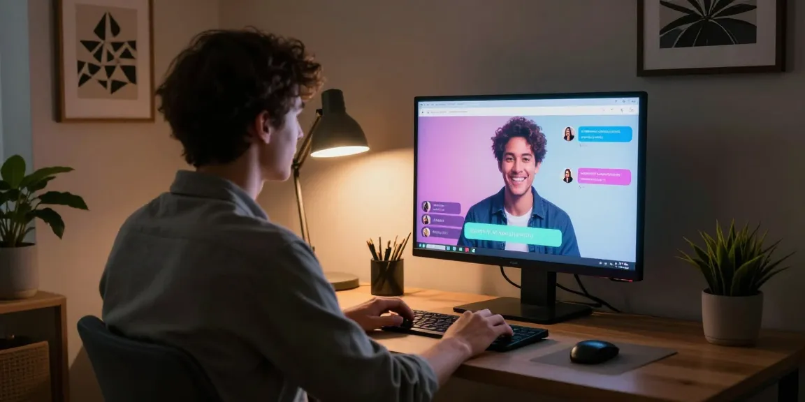 Interactive AI NSFW chat scene showcasing home office environment with engaging user experience.