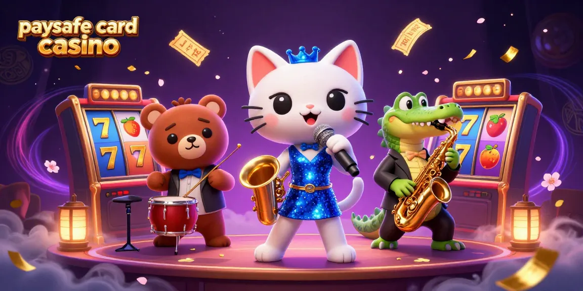 Erleben Sie die Aufregung in einem Paysafe Card Casino mit einer lebhaften Jazzszene, in der eine singende Katze und ein tanzendes Krokodil zu sehen sind.
