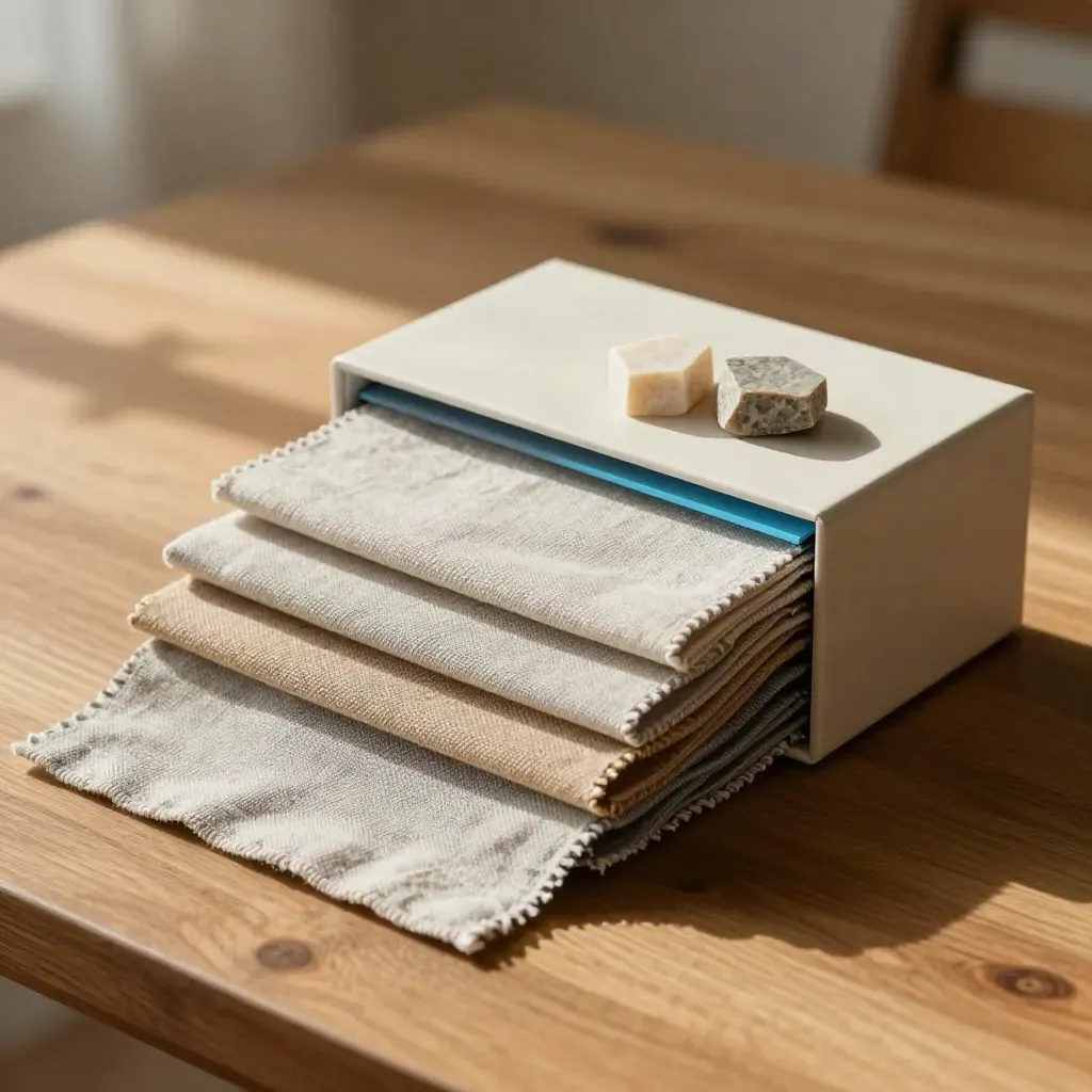 Linnenstaaltjes, steenmonsters en een cyaan kleurchip op een warme houten tafel.