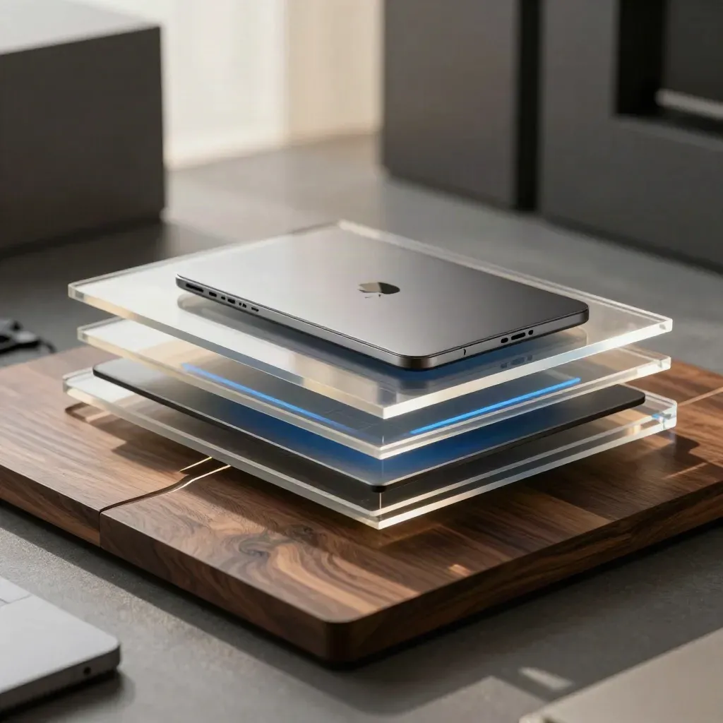 Acryl UX-lagen met blauwe gloed en schaduwpad in een donkere designstudio