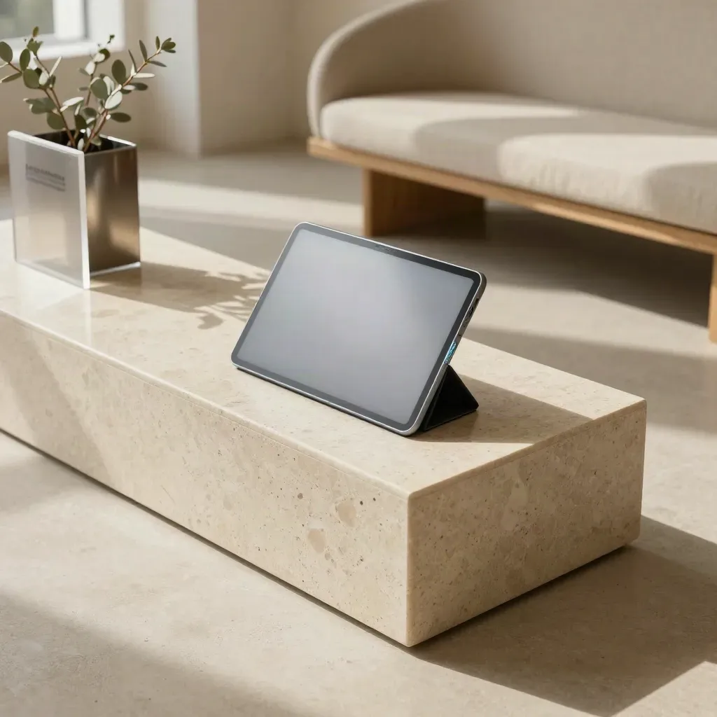 Stijlvolle studio-receptie met travertijnen sokkel, tablet en rustige zitplek