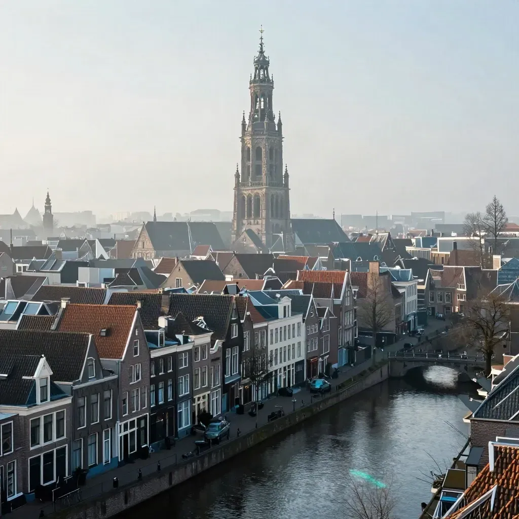 Uitzicht op de Domtoren en Utrechtse grachten bij ochtendmist