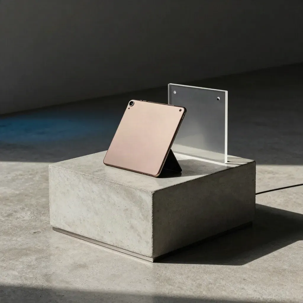 Compacte campagne-opstelling met tablet op sokkel en minimalistische kiosk in koel betonlicht.