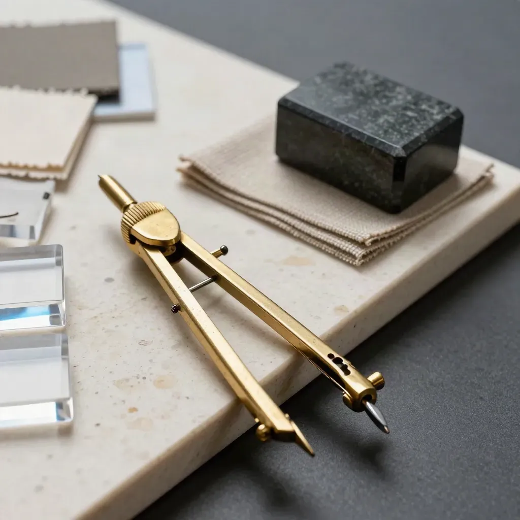 Brass kompas, materiaalstalen en steen op travertin met harde schaduw.