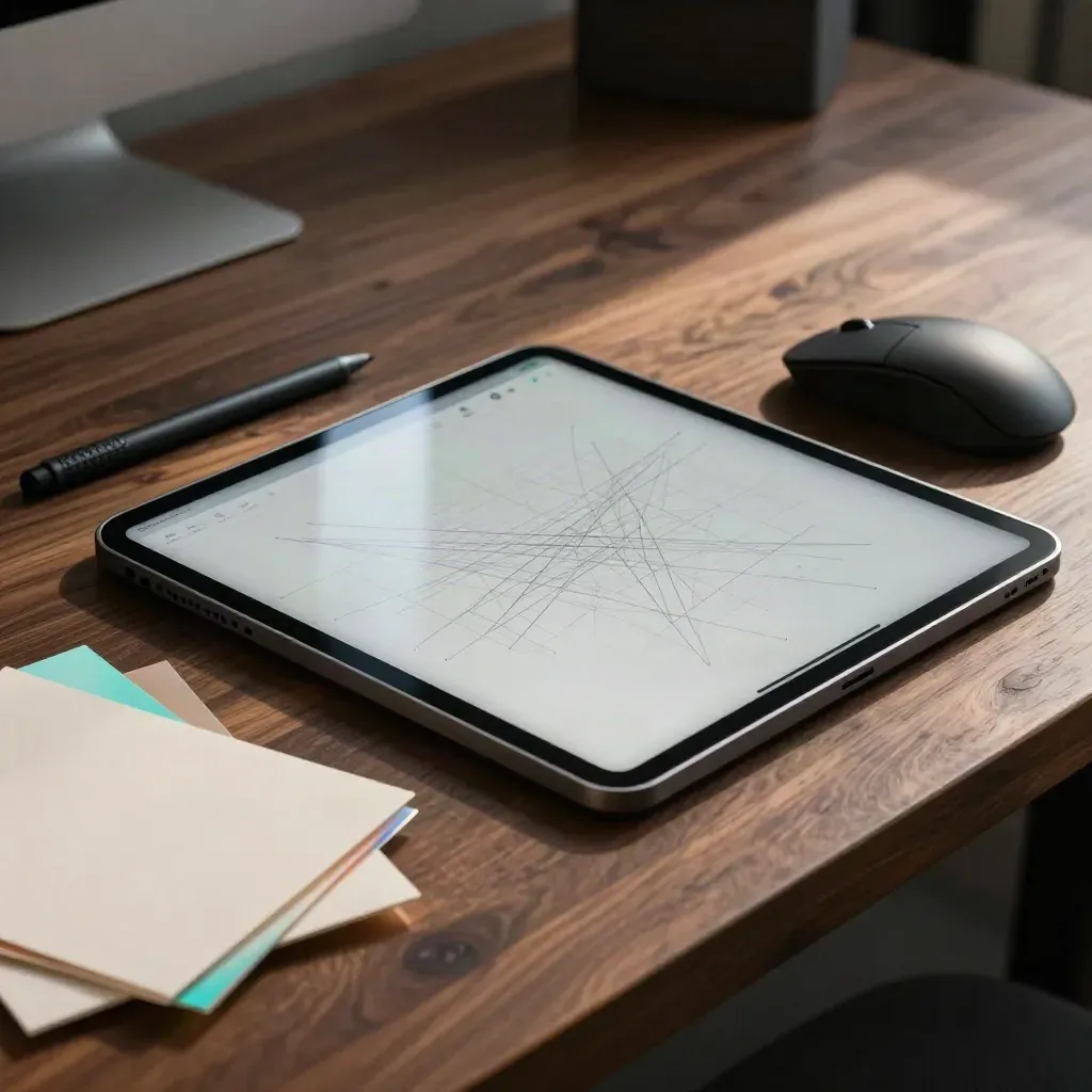 Tablet, stylus, muis en transparante mockupkaarten op een donker bureau met cyaangloed.