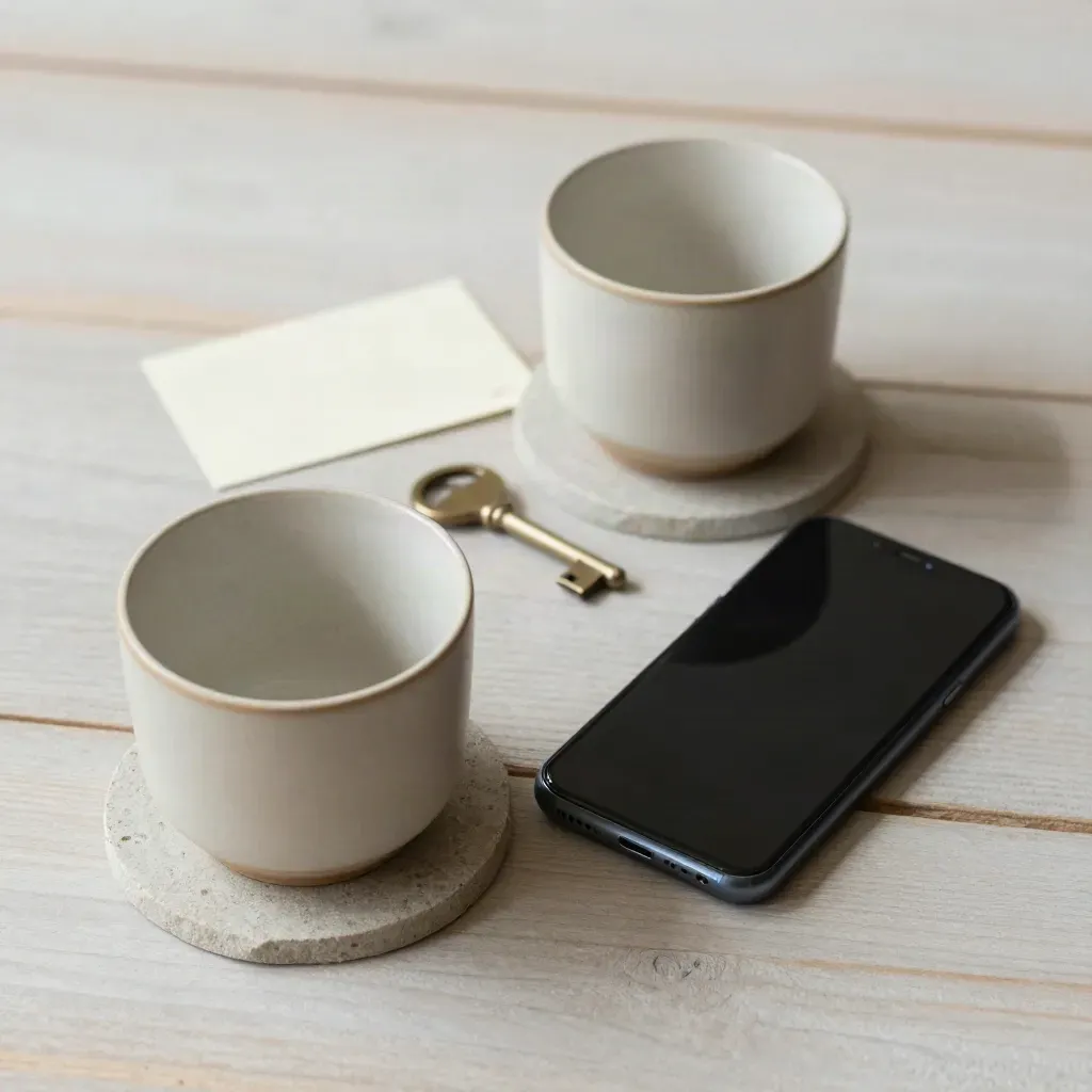 Twee keramische kopjes, een zwarte telefoon en een messing sleutel op licht hout.