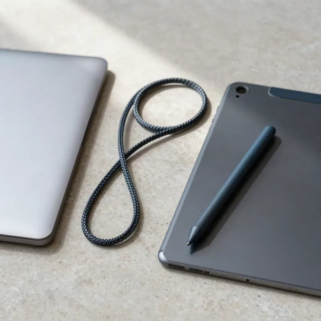 Bovenaanzicht van laptop, tablet, kabel en stylus op een lichte stenen ondergrond.