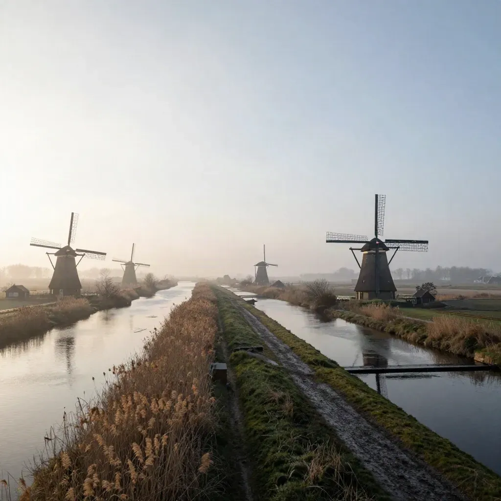 Mistige polder in Noord-Holland met windmolens en watergangen bij zonsopkomst.