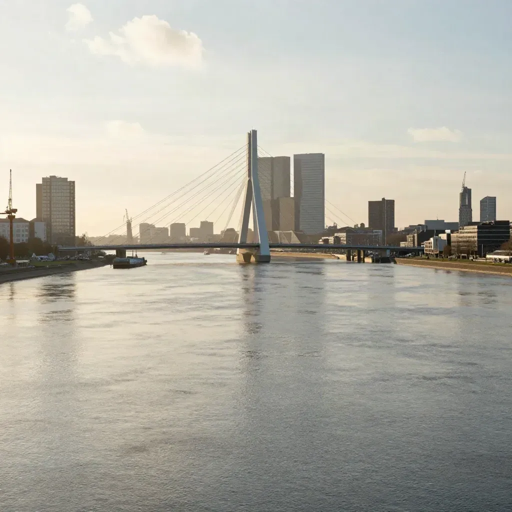 Rotterdamse skyline en Erasmusbrug boven een kalme rivier in warme haze.