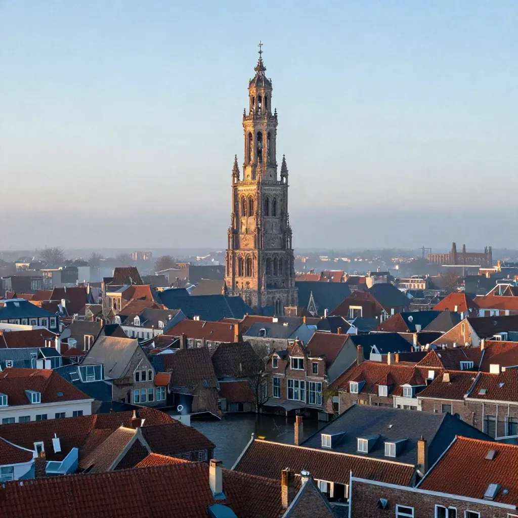 Domtoren boven mistige Utrechtse daken bij blauw uur, met rustige ruimte voor tekst.