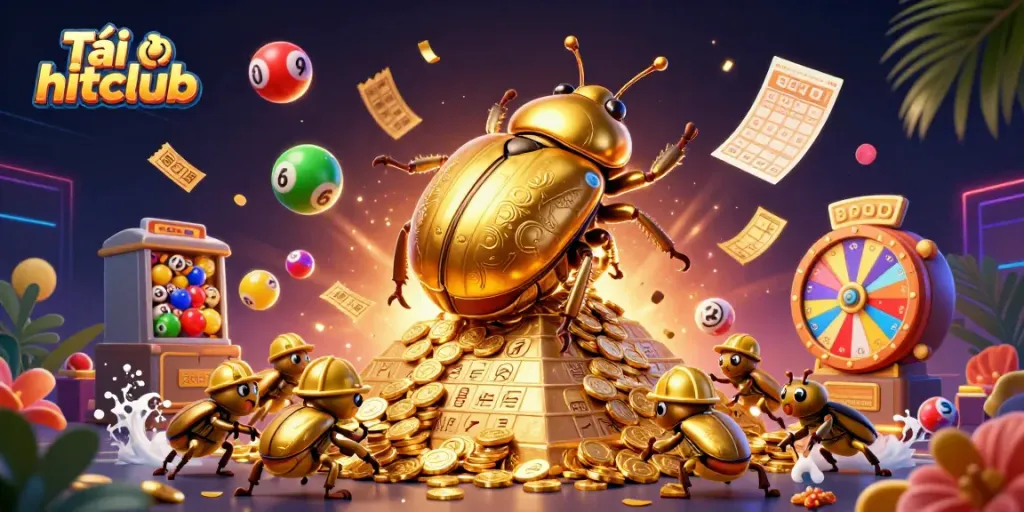 Tải hitclub illustration showcasing a golden dung beetle with coins, vibrant casino elements, and dynamic visual energy.