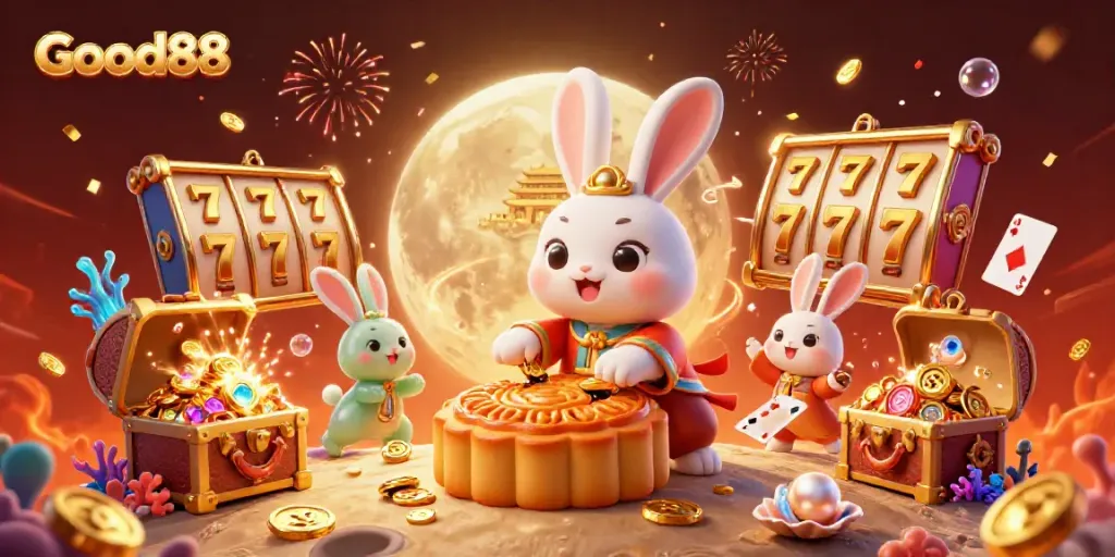 Experience thrilling gameplay with Good88 as the moon rabbit reveals hidden casino treasures on a vibrant lunar surface.