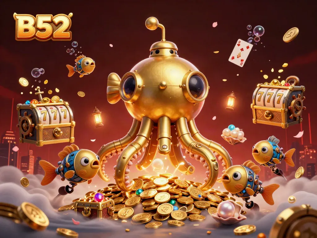 B52 casino illustration showcasing a golden kraken submarine amidst riches and slot machines.