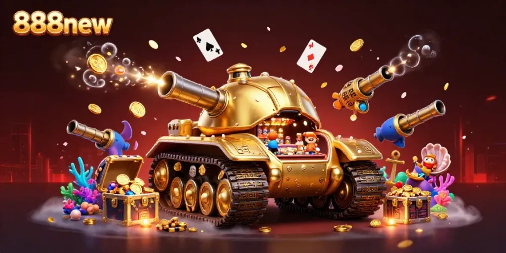 Engage with 888new’s vibrant casino world featuring a golden beetle tank filled with games and treasures.