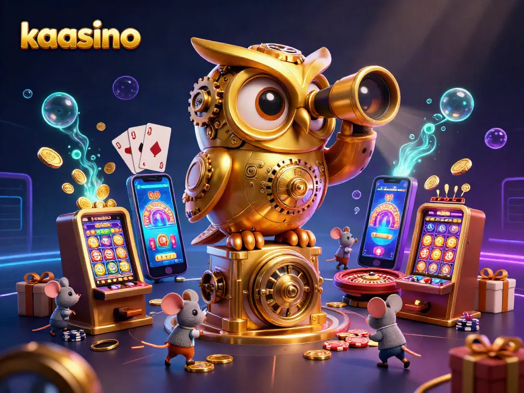 Kaasino showcases vibrant gaming with a golden owl and whimsical characters among rich casino elements.