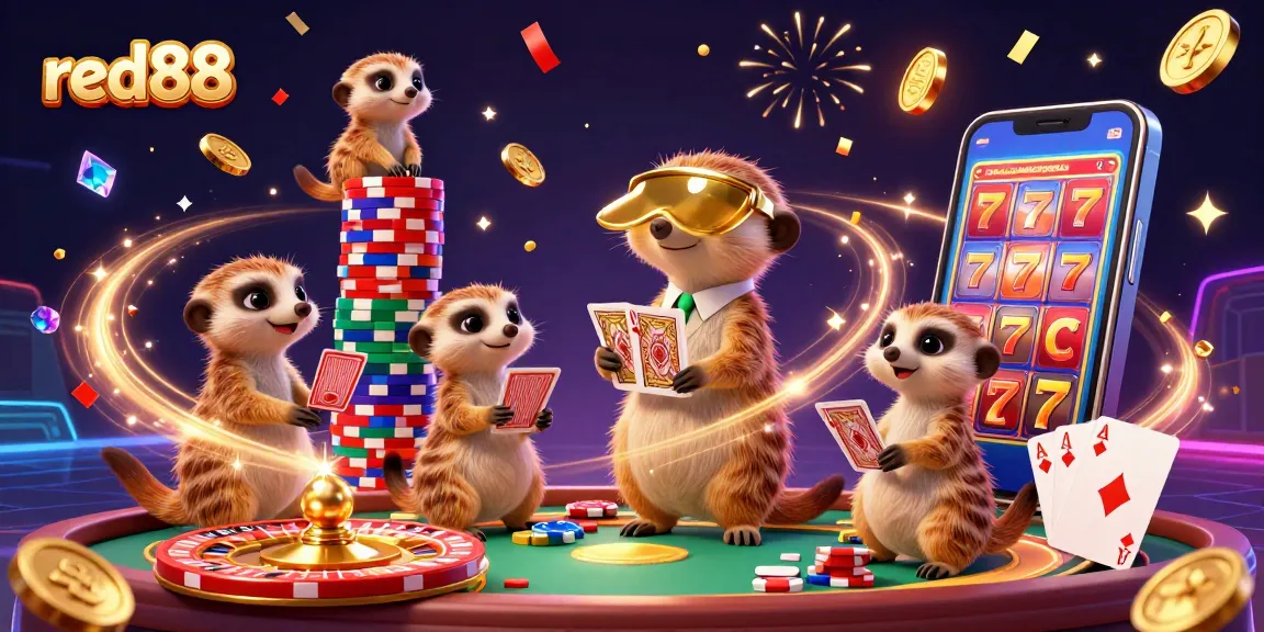 Experience the excitement of red88 as meerkats operate a lively casino with flying coins, spinning roulette, and vibrant games.