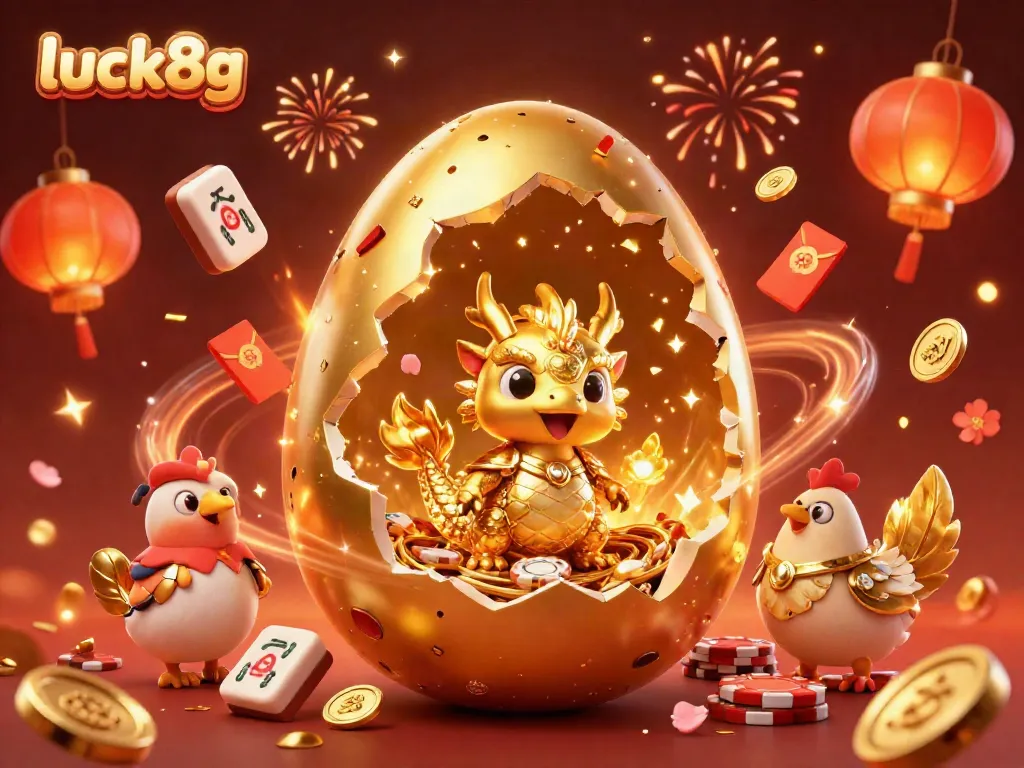 Experience the magic of luck8g with a golden baby dragon amidst vibrant casino elements.