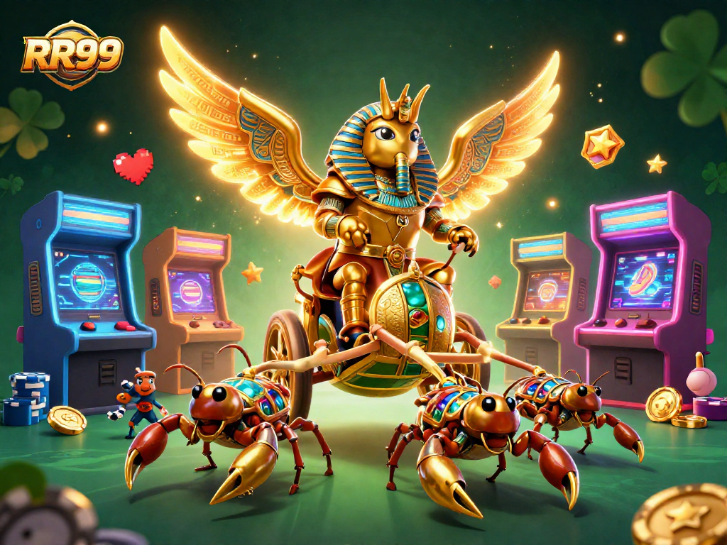 Engage with RR99 featuring a golden scarab beetle and vibrant casino elements, delivering an immersive gaming experience.