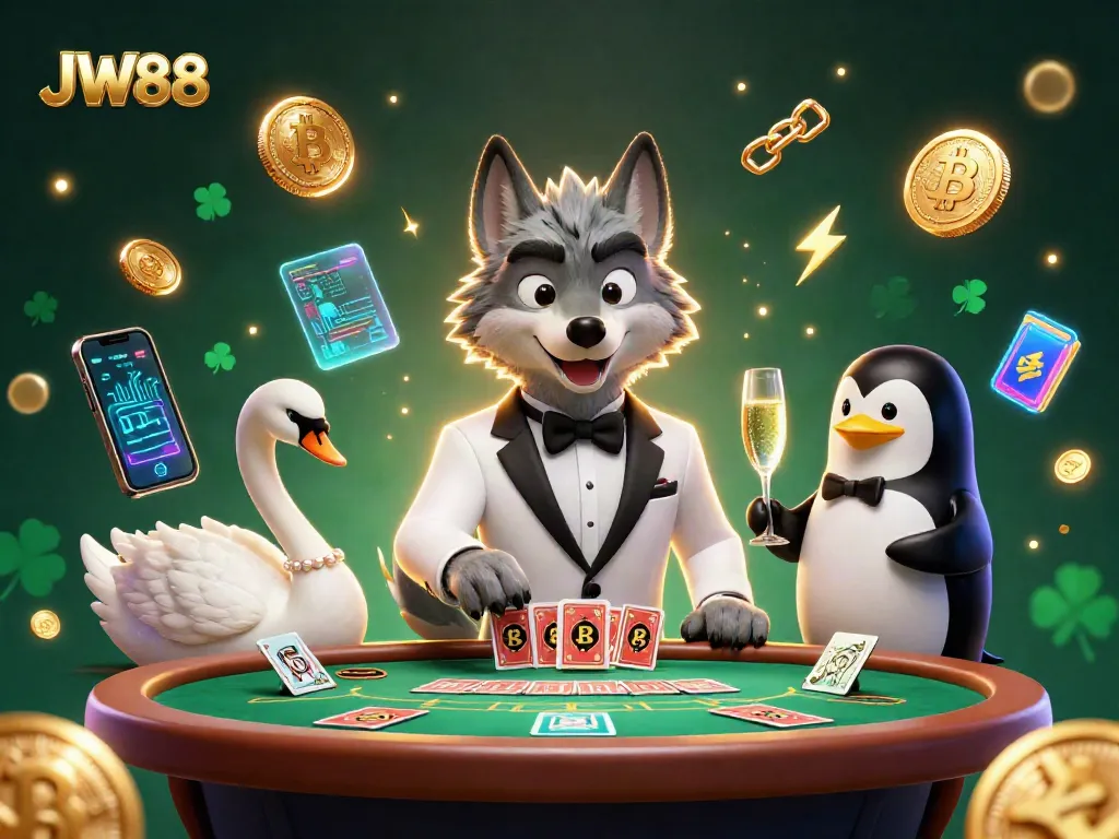 Grasp the excitement at JW88 online casino with a dazzling baccarat scene featuring vibrant characters and crypto elements.