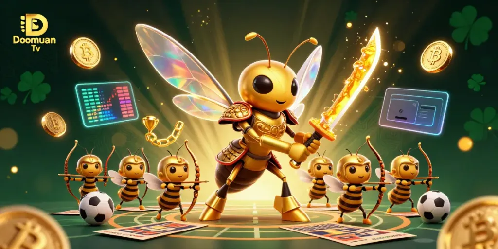 Doomuan Tv elevates sports betting excitement with a golden hornet samurai amidst glowing crypto coins.