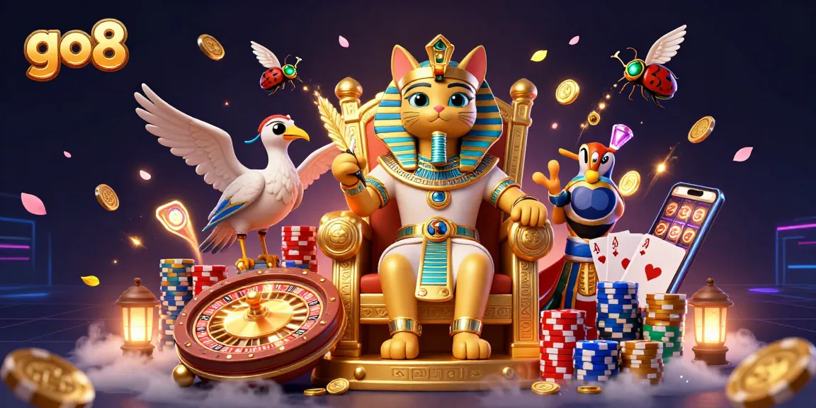 Experience thrilling wins with go8 featuring a pharaoh cat in a vibrant casino scene.