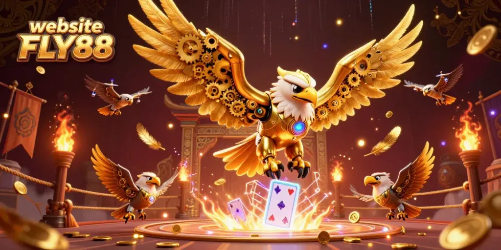 Experience thrilling gaming action on the website FLY88 with a dynamic illustration featuring a cybernetic eagle and holographic playing cards.