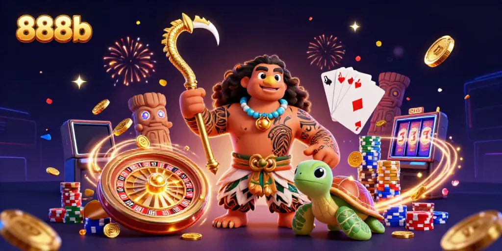 Win big at 888b with vibrant casino elements and charismatic characters in an exciting 3D scene.