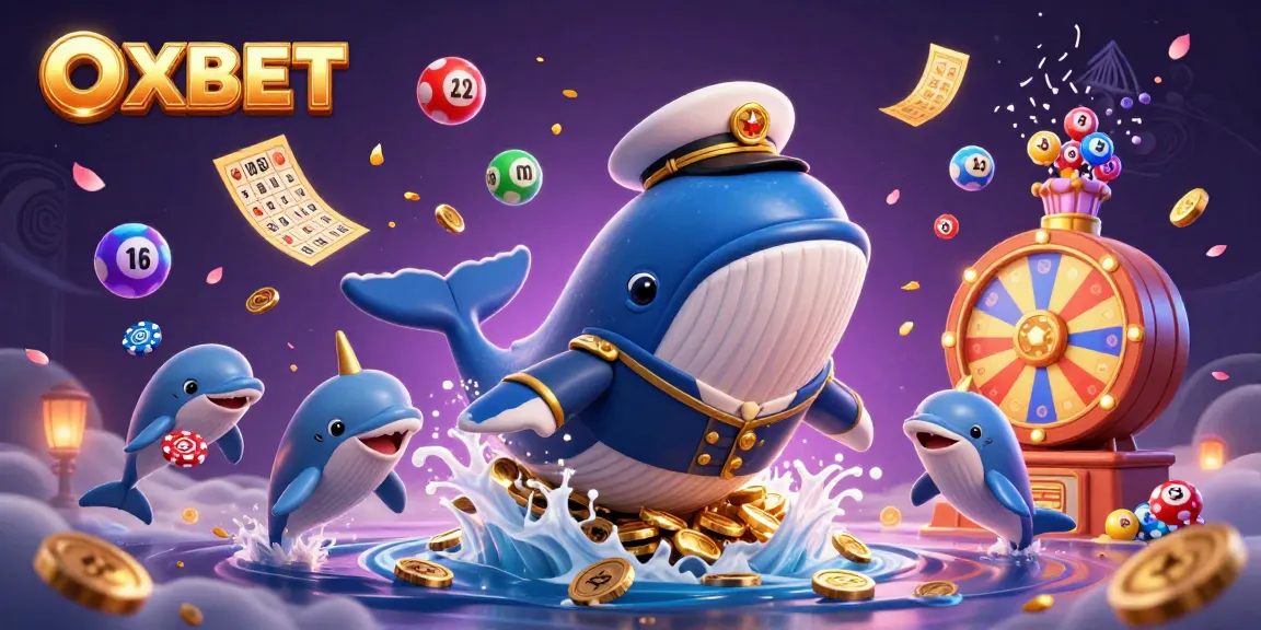 Experience the thrills of OXBET with a cartoon whale, casino coins, and dynamic game elements.