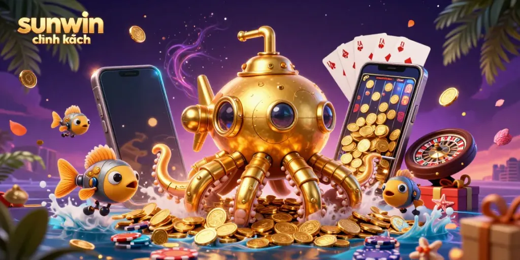 Engage in thrilling gaming adventures with sunwin chính hãng, featuring a golden kraken submarine and vibrant casino elements.