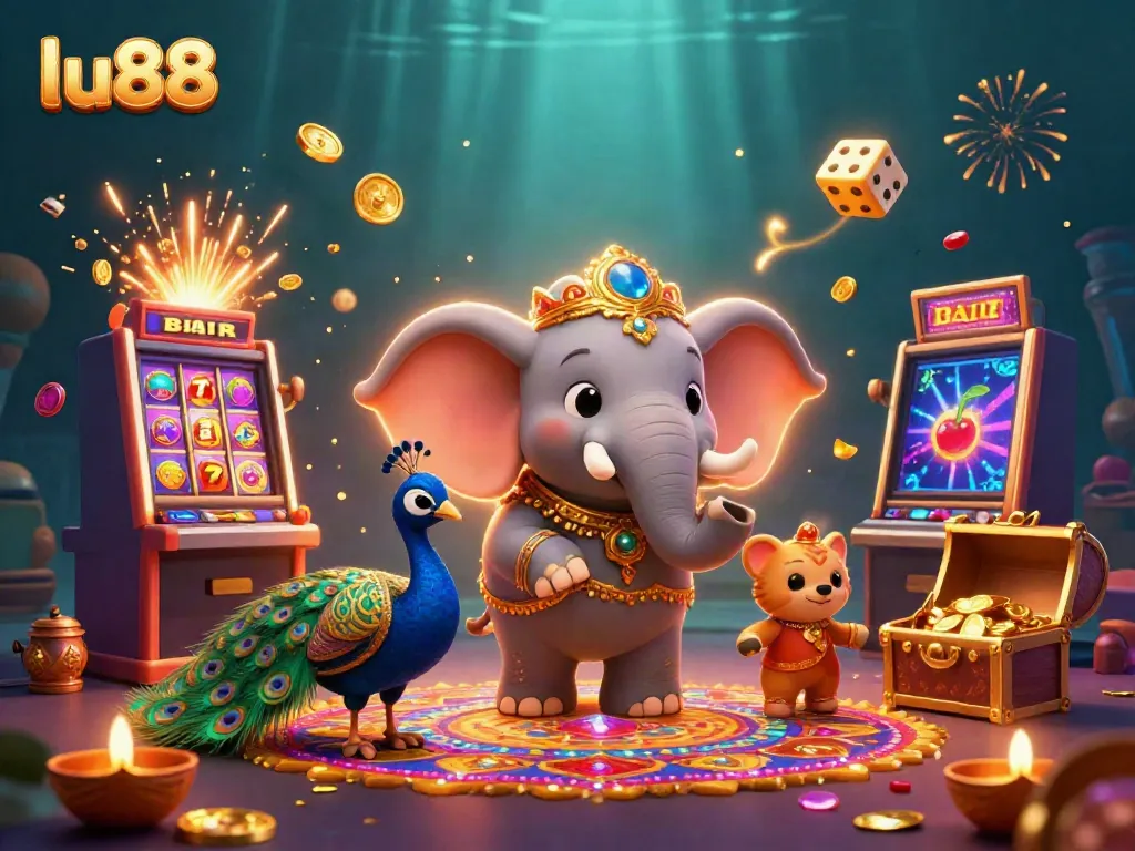 Experience the excitement of lu88 with a vibrant 3D illustration showcasing a lavish carnival atmosphere and casino elements.