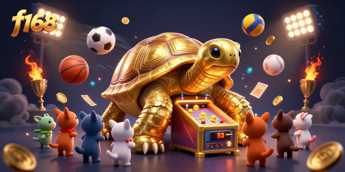 f168 dynamic sports betting scene with a colossal golden tortoise, vibrant casino elements and exciting atmosphere