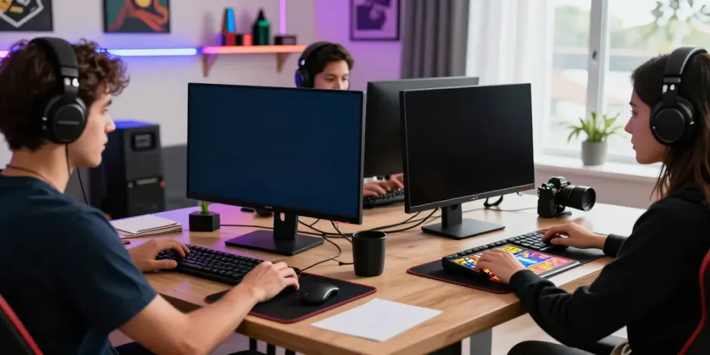 Online gamers engaging with https://fabet.com.mx/ in a lively home office.
