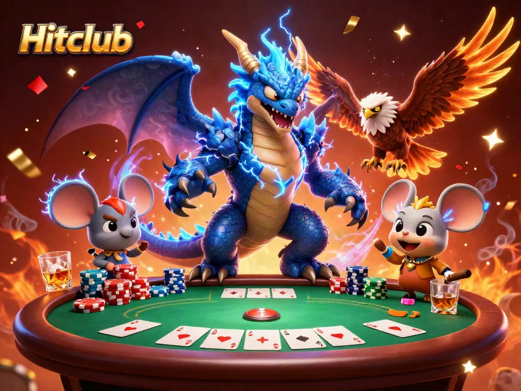 Engage with Hitclub's thrilling poker scene featuring a thunder dragon, hawk, and championship elements.