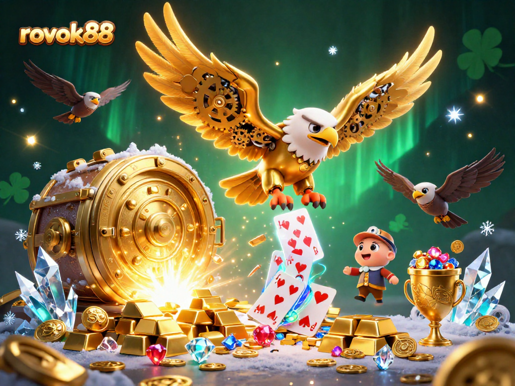 Experience the thrill of rokok88 with a golden eagle and holographic cards in a vibrant casino scene.