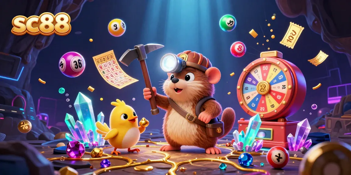 Sc88 gaming scene with a cartoon mole, lottery balls, and golden nuggets enhancing excitement.