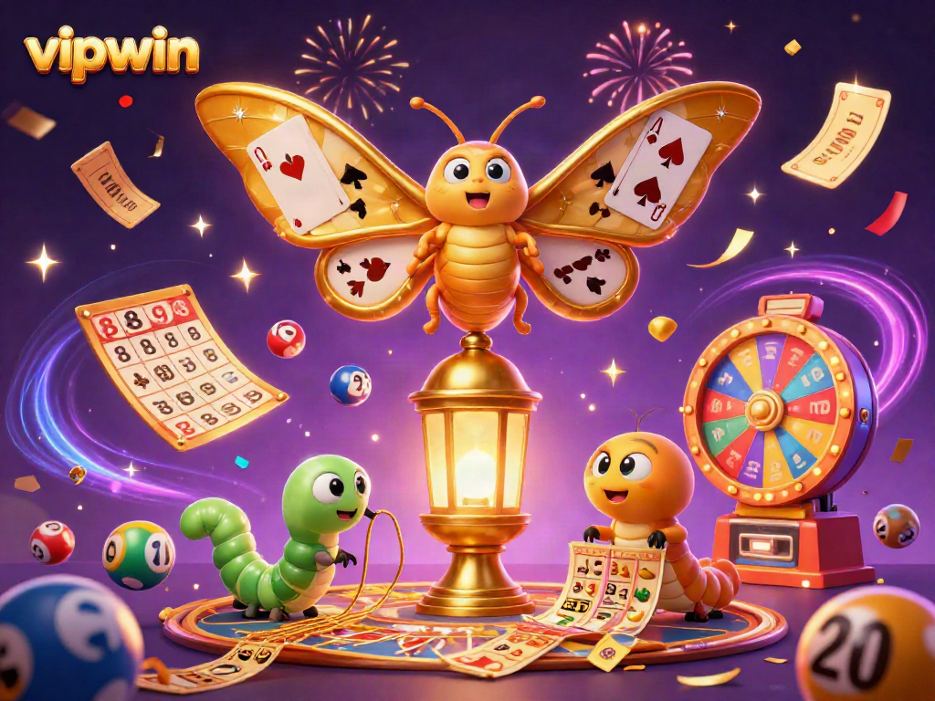 Join in the excitement with vipwin's vibrant lottery scene featuring a butterfly and colorful elements.