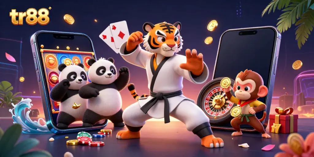 Experience dynamic gaming with tr88: kung fu characters amidst vibrant slot game elements.