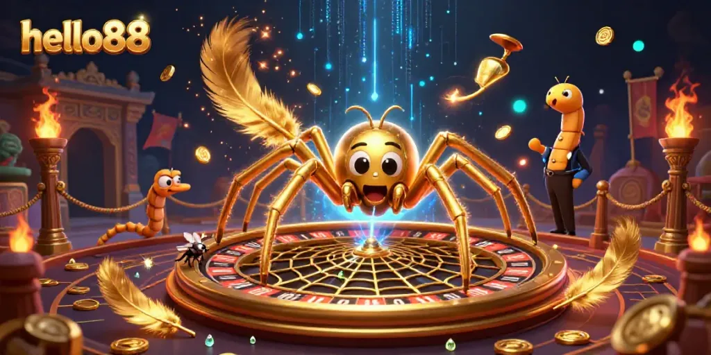 Place bets at hello88 while a golden spider spins a roulette web, capturing a thrilling gaming moment.